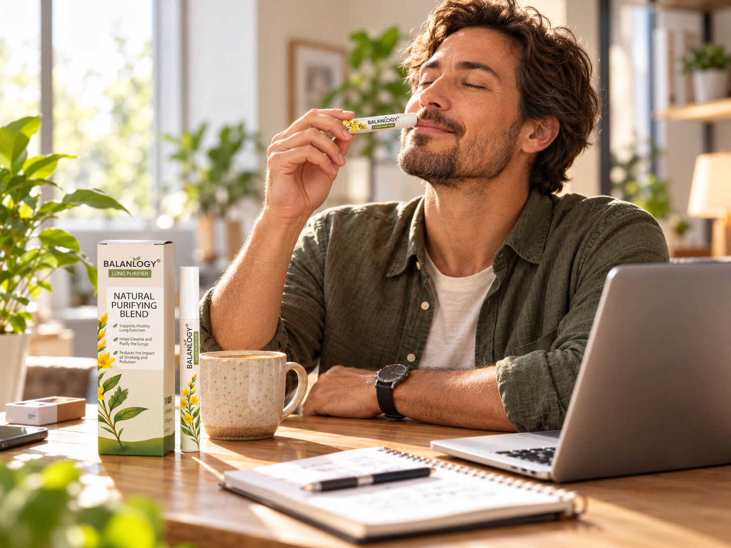 Man using the Balanlogy botanical pen during a calm morning break