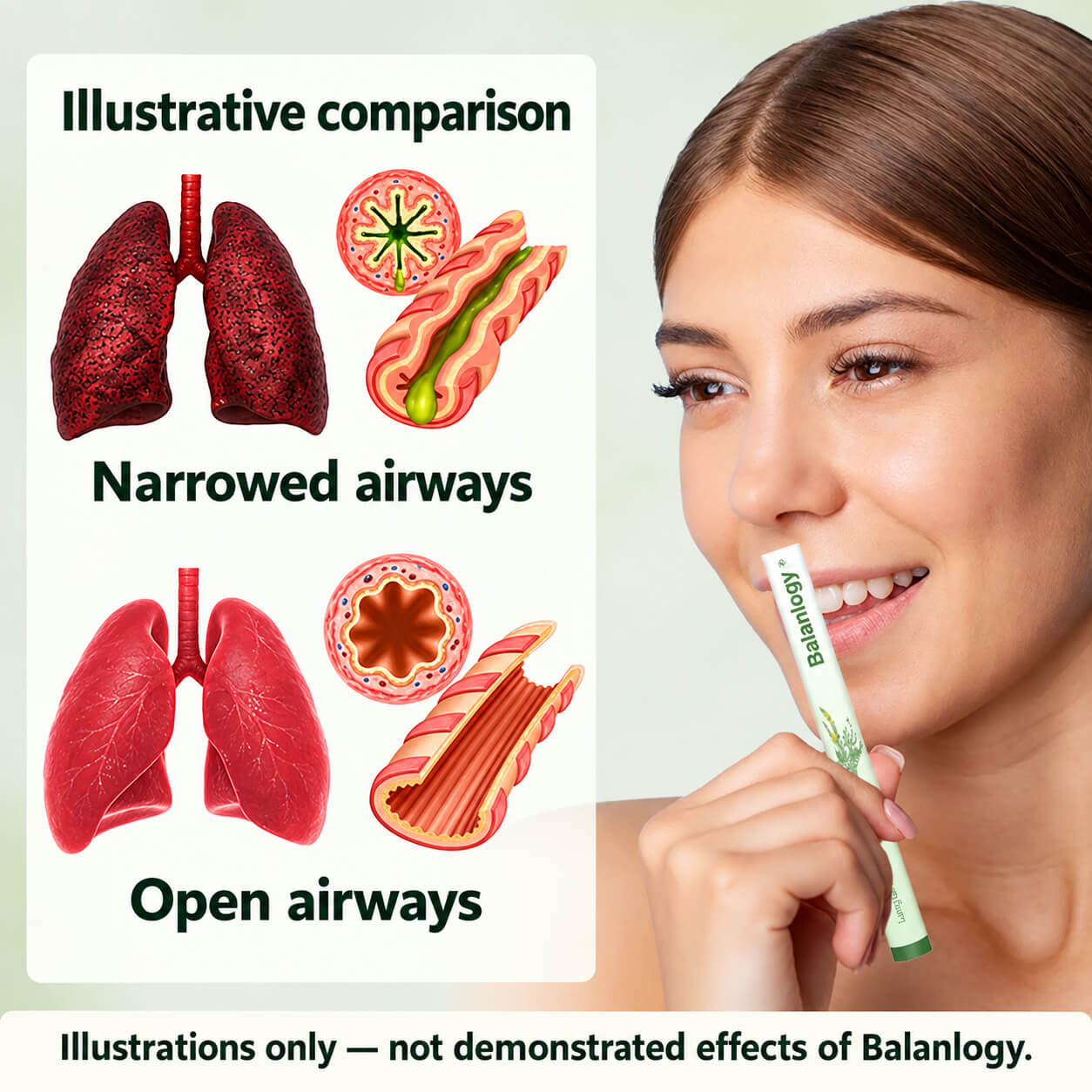 Illustrative comparison of narrowed and open airways; not a demonstrated effect of Balanlogy