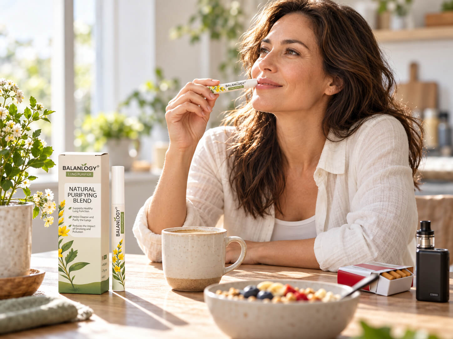 Woman choosing the Balanlogy botanical pen instead of a cigarette or vape