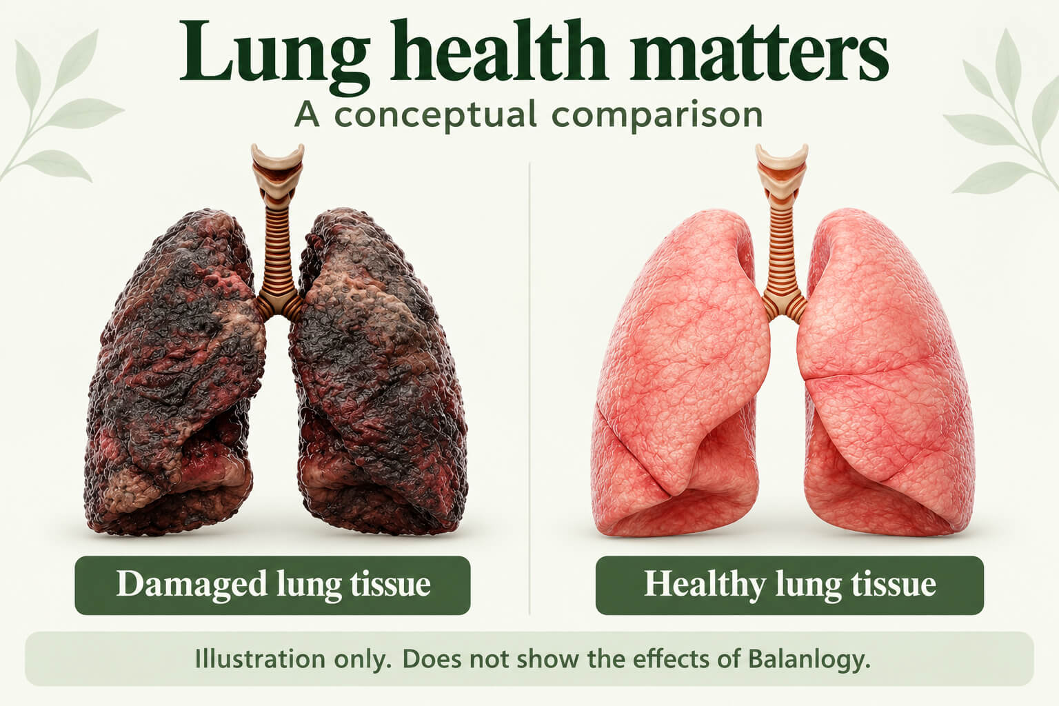 Conceptual comparison of damaged and healthy lung tissue; not a demonstrated effect of Balanlogy